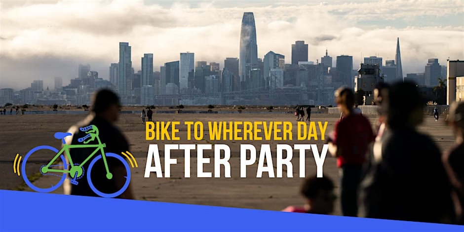 "BIKE TO WHEREVER DAY AFTER PARTY" Photo of people standing on a concrete expanse at Alameda Point with the SF skyline in the background
