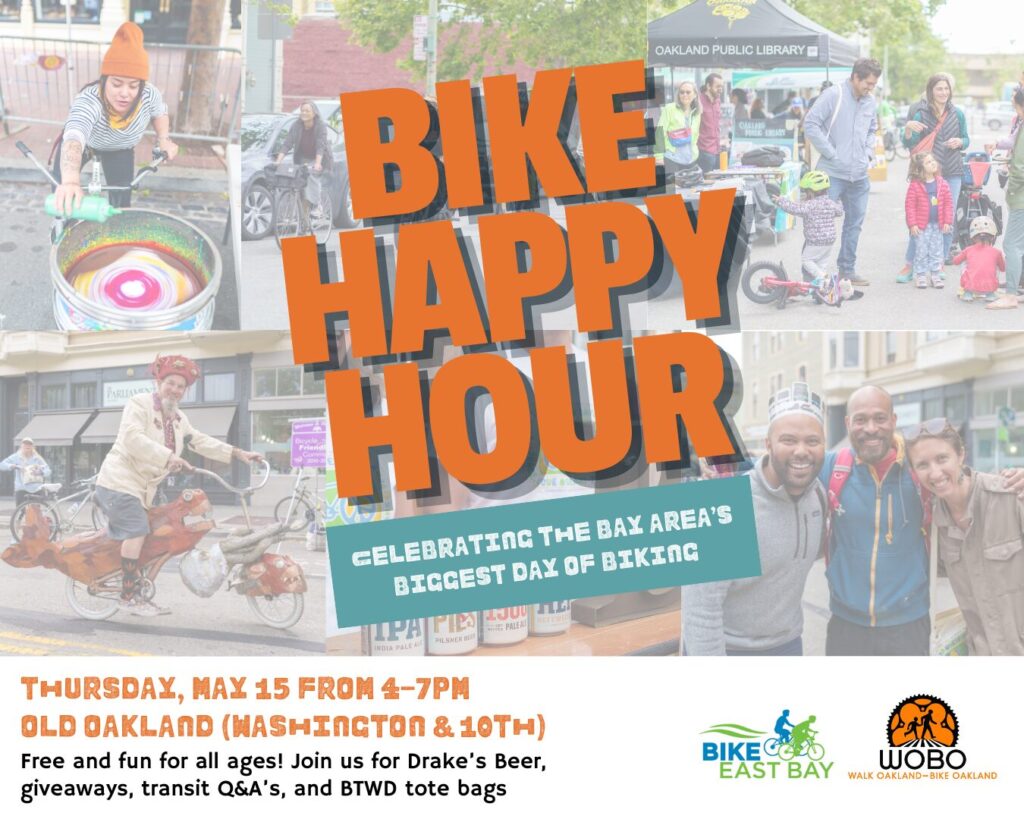 Bike Happy Hour text over a collage of photos of people enjoying a block party