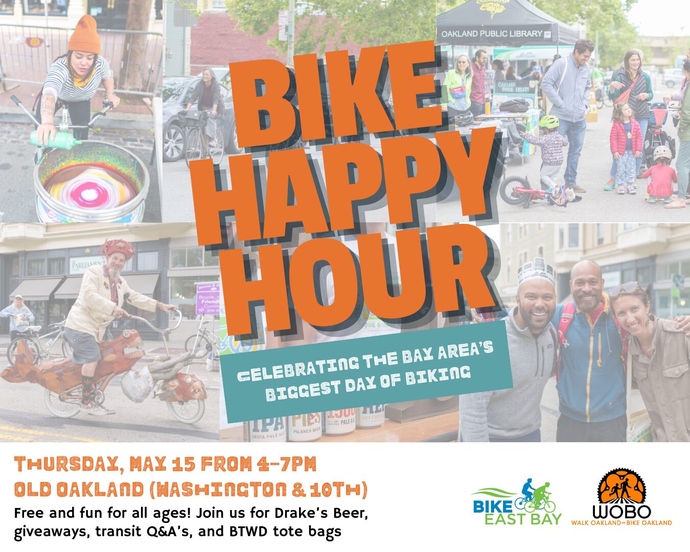 Bike Happy Hour text over a collage of photos of people enjoying a block party