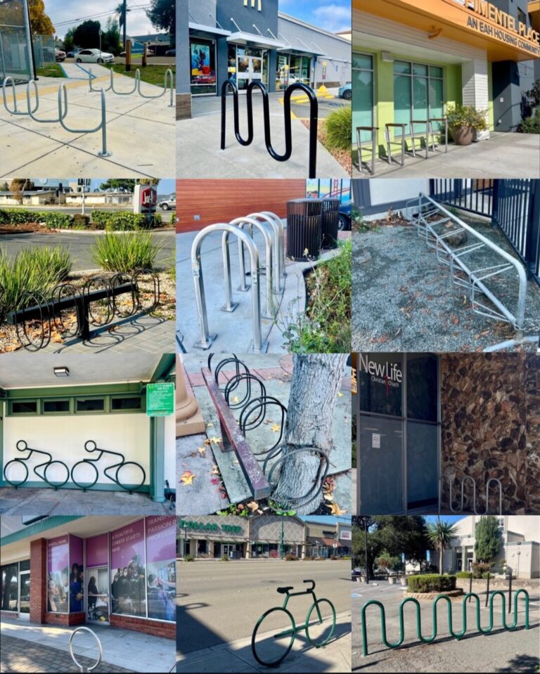 Alt Text: A collage of 12 photographs arranged in a grid, documenting various types of bicycle parking infrastructure in Hayward. The images depict: Top Row: A white wave rack near a blue fence; a black wave rack outside a McDonald's; silver inverted-U (staple) racks at an apartment complex named "Pimentel Place." Second Row: A black spiral rack near landscaping; a series of silver staple racks on concrete; a galvanized steel grid rack sitting on gravel. Third Row: A green wall-mounted rack shaped like two bicycles in profile; a spiral rack positioned next to a tree trunk; a wave rack outside "New Life Christian Church." Bottom Row: A single circular post-and-ring rack on a sidewalk; a freestanding rack shaped like a bicycle silhouette near a "Dollar Tree"; a long green wave rack in a parking lot.