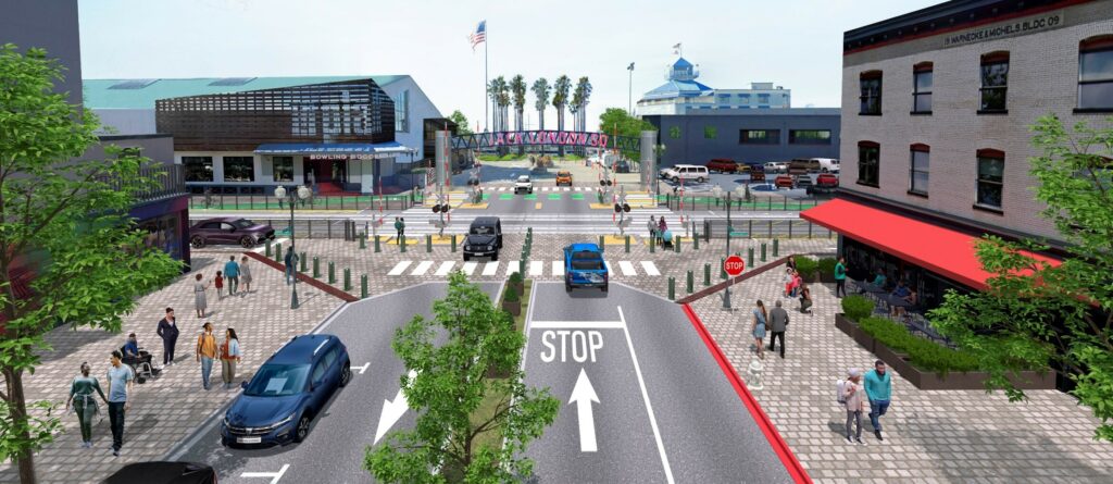 Concept illustration of Broadway at Embarcadero West in Oakland, showing the street with car lanes converted into wider pedestrian spaces