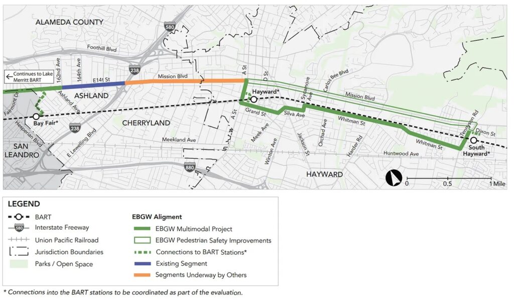 Map of East Bay Greenway route through Hayward from A St to Tennyson Rd