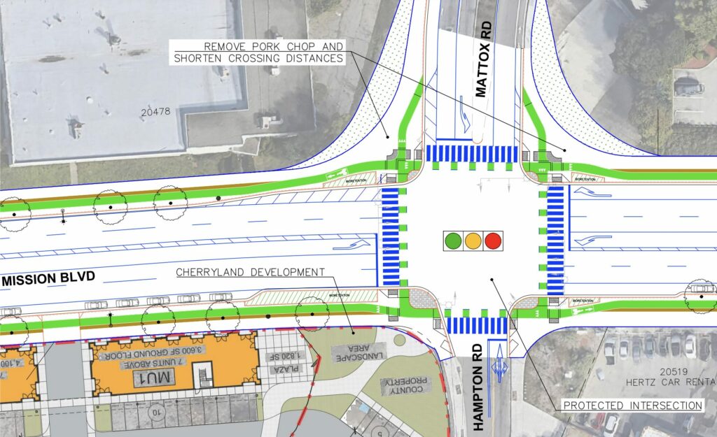 Concept plan overhead view of Mission Blvd protected bikeway and protected intersection at Mattox Rd