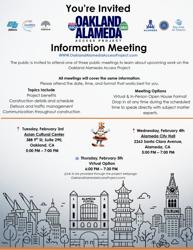 An event flyer titled "Oakland Alameda Access Project Information Meeting." The flyer invites the public to learn about upcoming construction work via three meeting options. The top of the flyer features logos for Caltrans, the City of Oakland, the City of Alameda, and the Bay Area Air District. Meeting Details: Virtual Option: Tuesday, February 3, from 6:00 PM – 7:00 PM (Link at OaklandAlamedaAccessProject.com). In-Person (Alameda): Wednesday, February 4, at Alameda City Hall (2263 Santa Clara Avenue) from 5:00 PM – 7:00 PM. In-Person (Oakland): Thursday, February 5, virtually from 6 PM - 7:30PM. Meeting Content: The sessions will cover project benefits, construction schedules, detours, and communication plans. The format is an "Open House" where attendees can speak directly with subject matter experts. Visuals: The bottom of the flyer features a stylized line-art skyline silhouette showing local landmarks like the Alameda Portal, a pagoda, and the Tribune Tower. A cartoon orange traffic cone mascot stands on the left side.