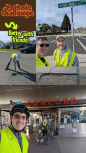 A vertical collage of four photographs documenting the #PotholeChallenge, featuring text that says "Better with friends!" and a neon green arrow icon. Top Left: A person in a yellow safety vest and white cap leans over to mark a pothole on the street with green spray paint. Top Right: Two men wearing yellow safety vests and sunglasses smile for a selfie at a street corner near a sign for Civic Center Plaza. Middle Right: A close-up shot of a long, narrow pothole in cracked asphalt that has been circled in green spray paint. Bottom: A wide selfie of a man in a yellow vest and bicycle helmet in front of the Concord BART station. Another person with a long gray beard, also in a safety vest, stands behind him with two bicycles near the station's fare gates.