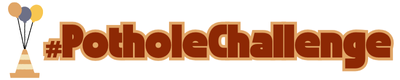 A banner featuring the hashtag #PotholeChallenge in a thick, bold, reddish-brown font with a tan outline. To the left of the text is a small illustration of a tan traffic cone with three balloons (gold, grey, and yellow) tied to its tip.